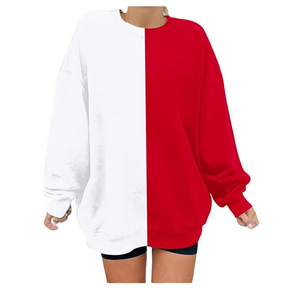 Uootdi Oversized Gift Long Sleeve shirt for Women Black and White Color Block Crewneck Sweatshirts Trendy Pullover Loose Y2K Clo thes