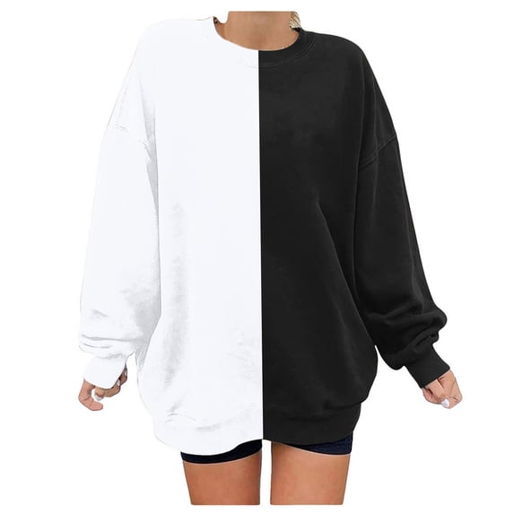Uootdi Oversized Gift Long Sleeve shirt for Women Black and White Color Block Crewneck Sweatshirts Trendy Pullover Loose Y2K Clo thes