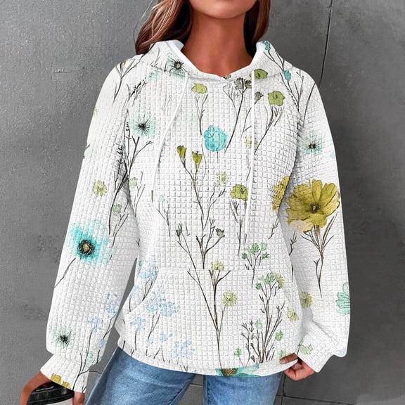 Uootdi Oversized Long Sleeve Shirts for Women Drawstring Waffle Pullover Floral Printed Hoodies Casual Trendy Sweatshirt Gift Loose Tunic Tops