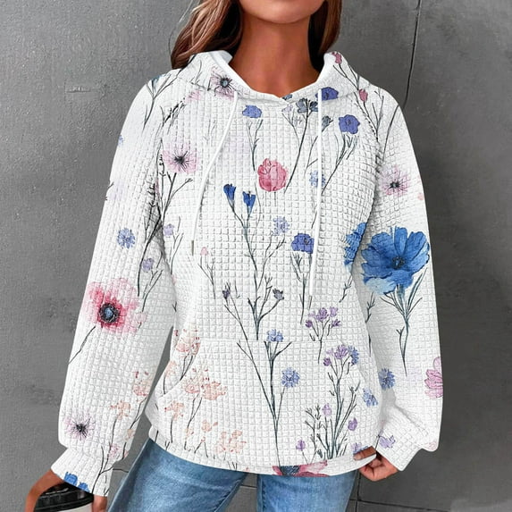Uootdi Oversized Long Sleeve Shirts for Women Drawstring Waffle Pullover Floral Printed Hoodies Casual Trendy Sweatshirt Gift Loose Tunic Tops