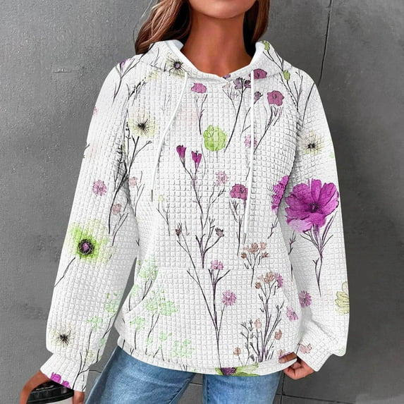 Uootdi Oversized Long Sleeve Shirts for Women Drawstring Waffle Pullover Floral Printed Hoodies Casual Trendy Sweatshirt Gift Loose Tunic Tops