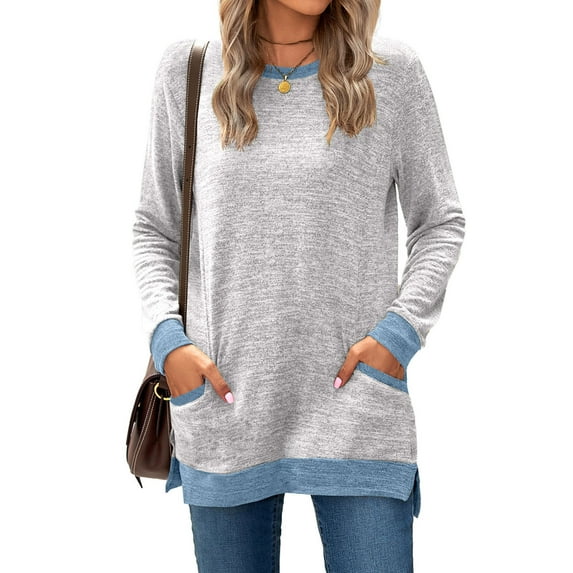 Uootdi Oversized Long Sleeve Sweatshirt Women Crewneck Color Block Sweatshirts Tunic Pullover Fall Trending Clothes with Gift Pockets