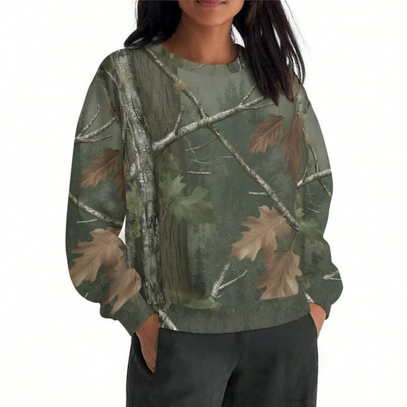 Uootdi Oversized Long sleeve Sweatshirt for Women Camo Leaf Maple Leaf Gift Pattern Winter Hoodies with Oversized Long sleeve Sw eatshirt for