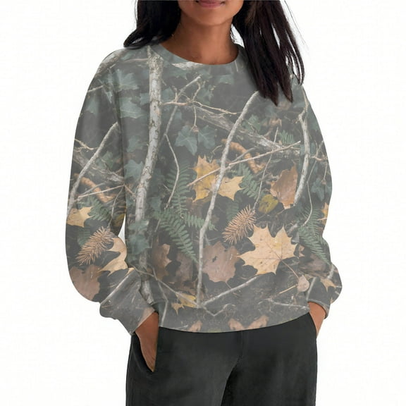 Uootdi Oversized Long sleeve Sweatshirt for Women Camo Leaf Maple Leaf Gift Pattern Winter Hoodies with Oversized Long sleeve Sw eatshirt for
