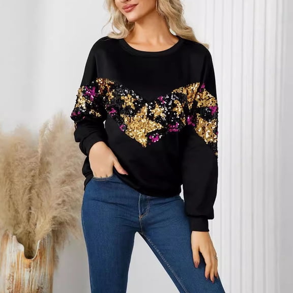 Uootdi Oversized Sequins Sweatshirt for Women Crew Neck Y2k Cute Clean Girl Aesthetic Sweatshirts Fall Winter Clothing for Women Gift