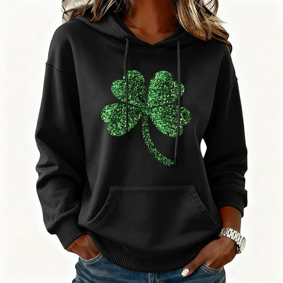 Uootdi Oversized St Patricks Day Hooded Sweatshirts for Women Irish Saint Pattys Shamrock Crewneck Long Sleeve Shirts Holiday Trendy Pullover Tops Gift
