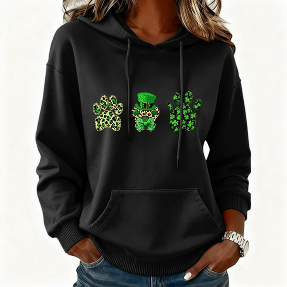 Uootdi Oversized St Patricks Day Hooded Sweatshirts for Women Irish Saint Pattys Shamrock Crewneck Long Sleeve Shirts Holiday Trendy Pullover Tops Gift