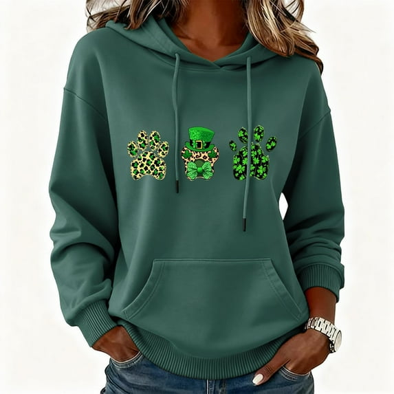 Uootdi Oversized St Patricks Day Hooded Sweatshirts for Women Irish Saint Pattys Shamrock Crewneck Long Sleeve Shirts Holiday Trendy Pullover Tops Gift