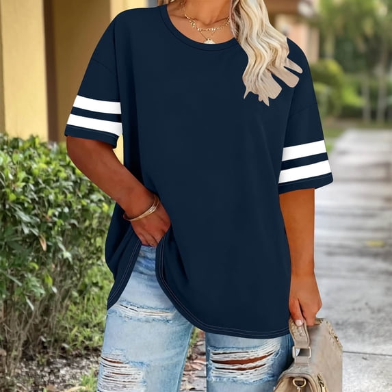 Uootdi Oversized Tops for Women Short Sleeve Contrast Stripe Sleeves Loose Fit Weekend Gatherings Casual Wear Shirts Gift