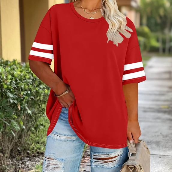 Uootdi Oversized Tops for Women Short Sleeve Contrast Stripe Sleeves Loose Fit Weekend Gatherings Casual Wear Shirts Gift
