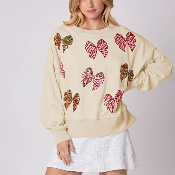 Uootdi Oversized Women Cute Sequin Gift Bow Sweatshirt Christmas Glitter Patch Crewneck Sweatshirts Sparkle Holiday Pullover
