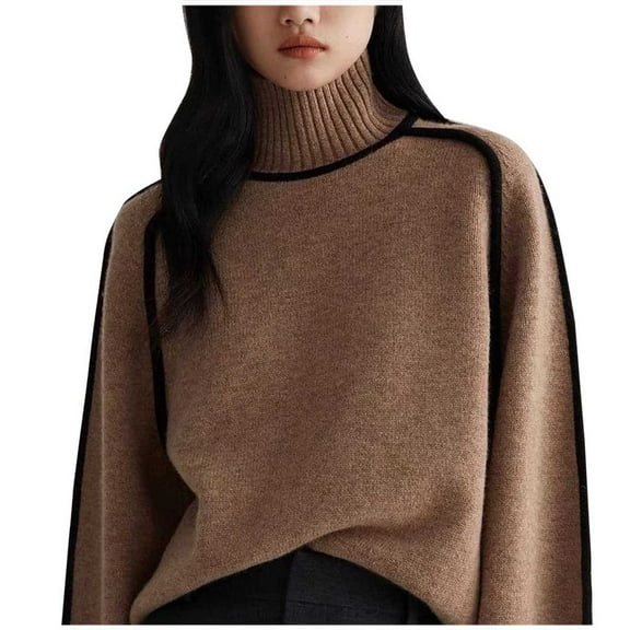 Uootdi Oversized Women's Turtleneck Striped Patchwork Sweater Chunky Knitted Long Sleeve Sweaters Gift Trendy Fall Winter Bas ic Jumper Top