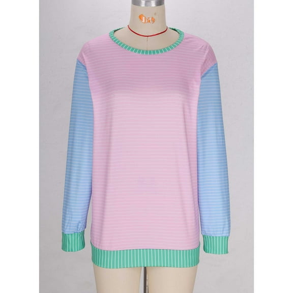 Uootdi Oversized Womens Striped Long Sleeve Sweatshirt Color Block Crew Neck Shirt Casual Loose Gift Pullover Top Y2K Clothes