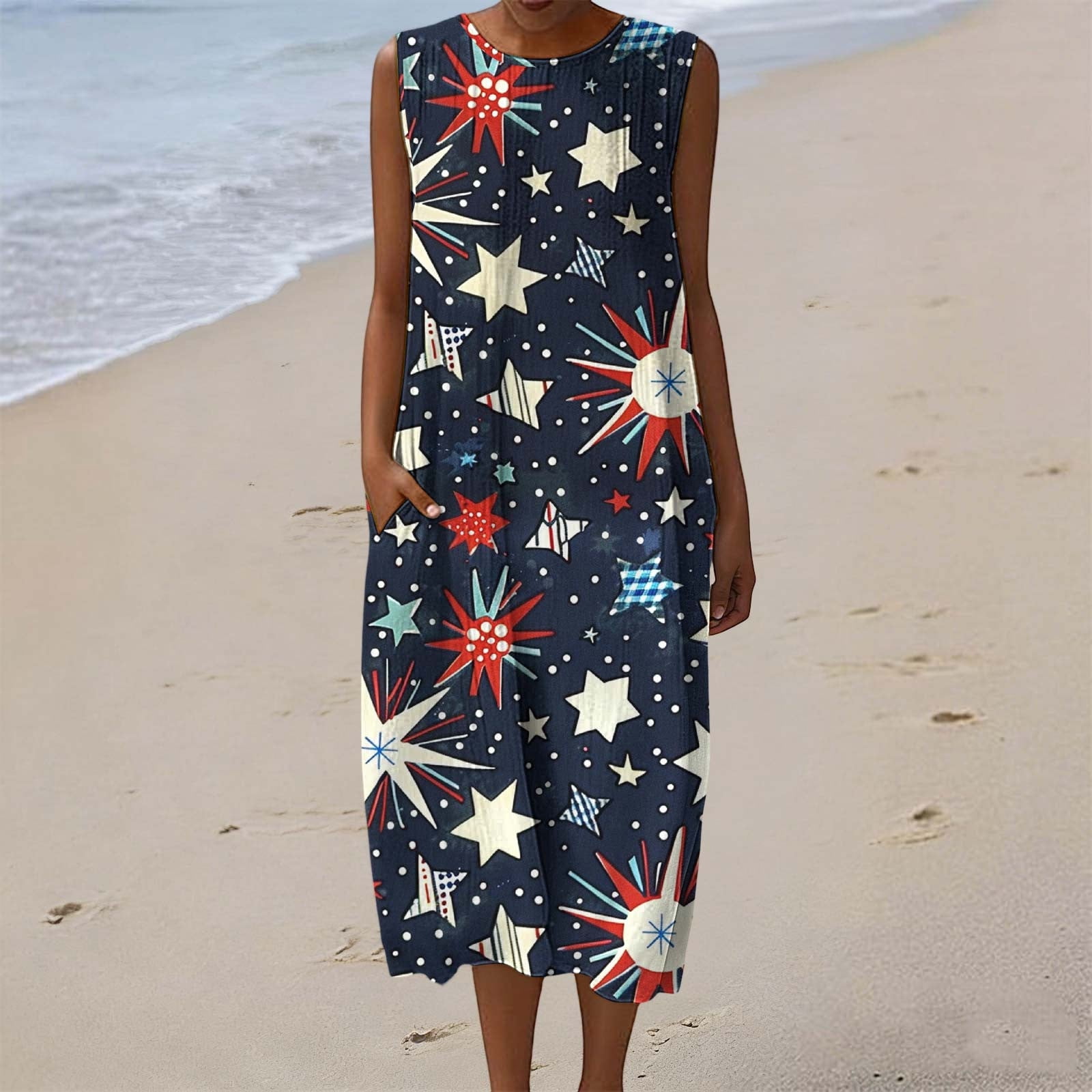 patriotic dresses for ladies 4th of July Dress Women Red White and Blue American Flag Fourth of July Dress USA Blue and White Striped Sleeveless Maxi Casual Women Summer with Pocket S perfect for showing off your patriotism in a chic way Uootdi Patriotic Dresses for Women