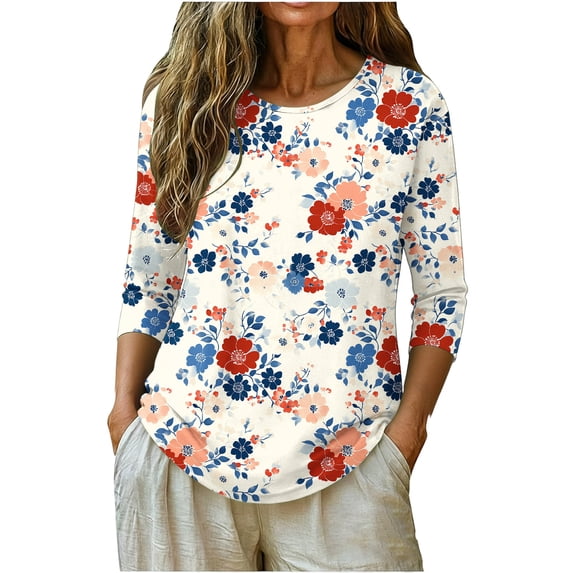 Uootdi Patriotic Tees for Women USA Flag Floral Print 3/4 Sleeve Top Soft Breathable Independence Day Outfits Gift