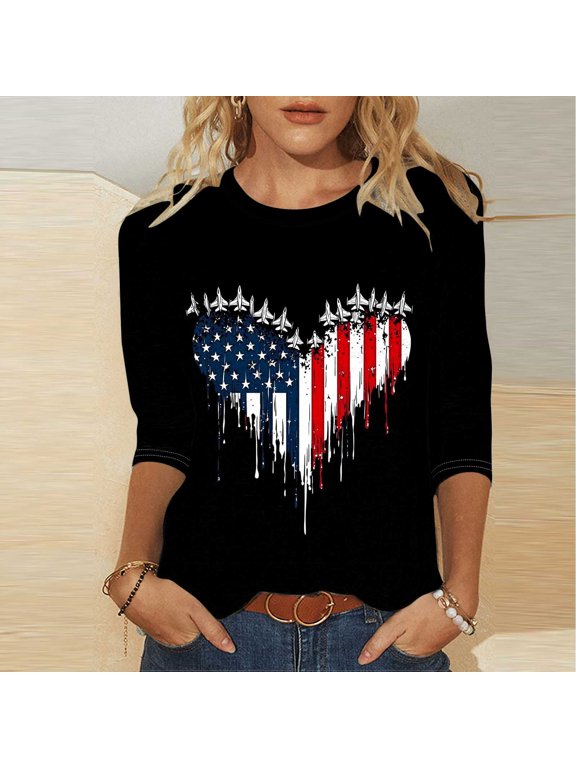 Patriotic Tops for Women Crew Neck Gradient Pattern Independence Day Tees Relaxed Fit Blouses Gift