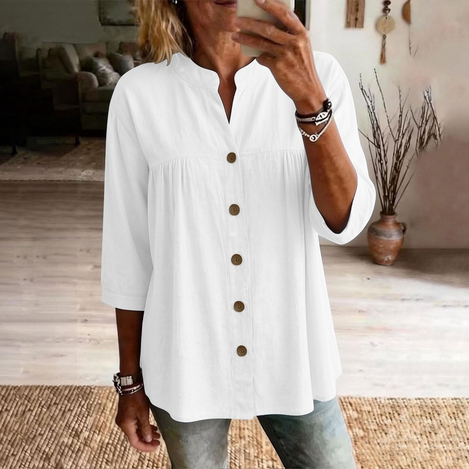 Partial Button Uootdi Peplum Blouses for Women Mandarin Collar 3/4 Sleeve with Partial ...