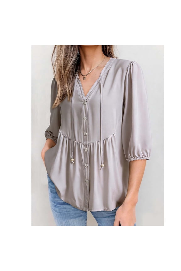 Peplum Blouses for Women V Neck 3/4 Sleeve with Drawstring Tie and Puff Sleeves Office Casual Style Lightweight Breathable Relaxed-Fit Tops Gift