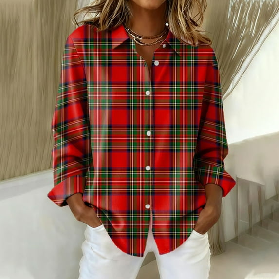 Uootdi Plaid Gradient Color Long Sleeve Shirts for Women Button Down Dressy Casual Blouses Plaid Lightweight Fall Tops