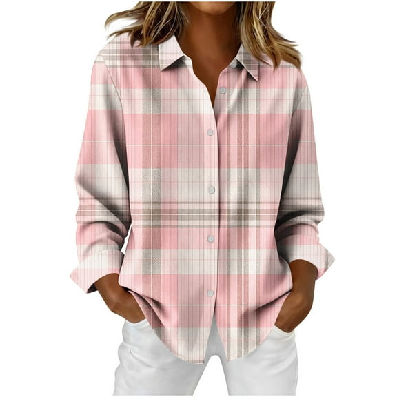 Uootdi Plaid Gradient Color Long Sleeve Shirts for Women Button Down Dressy Casual Blouses Plaid Lightweight Fall Tops