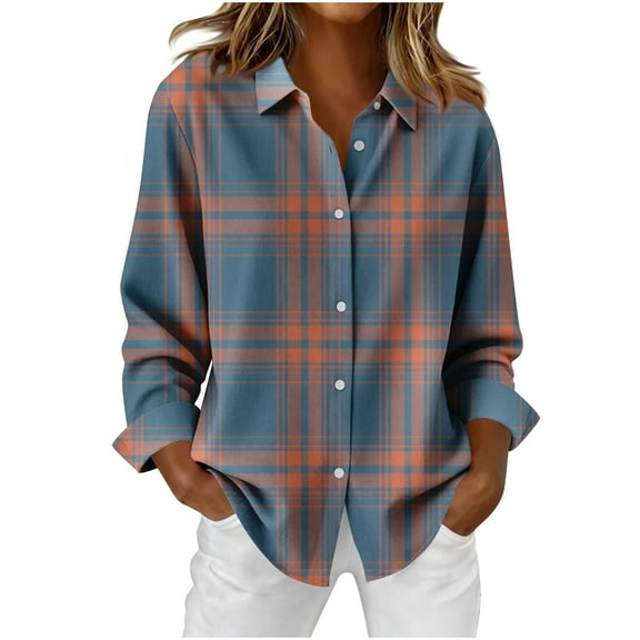 Uootdi Plaid Gradient Color Long Sleeve Shirts for Women Button Down Dressy Casual Blouses Plaid Lightweight Fall Tops