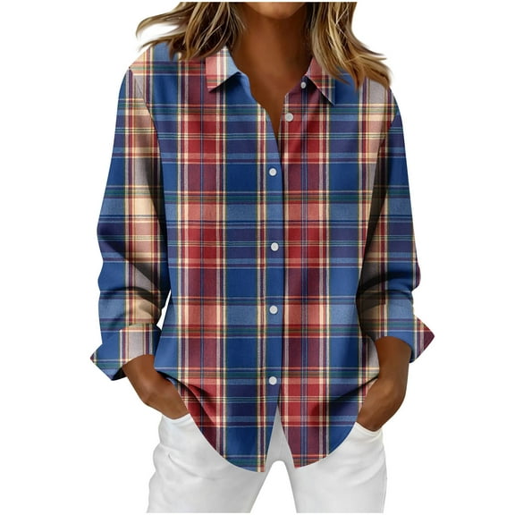 Uootdi Plaid Gradient Color Long Sleeve Shirts for Women Button Down Dressy Casual Blouses Plaid Lightweight Fall Tops