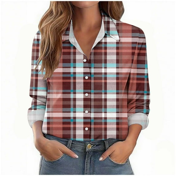 Uootdi Plaid Gradient Color Long Sleeve Shirts for Women Button Down Dressy Casual Blouses Plaid Lightweight Fall Tops