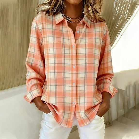 Uootdi Plaid Gradient Color Long Sleeve Shirts for Women Button Down Dressy Casual Blouses Plaid Lightweight Fall Tops