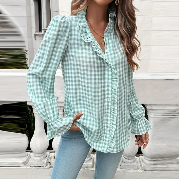 Uootdi Plaid Long Sleeve Shirts Gift for Women Ruffle Neck Button Down Puff Checkered Blouse Shirts Tops for Women Trendy