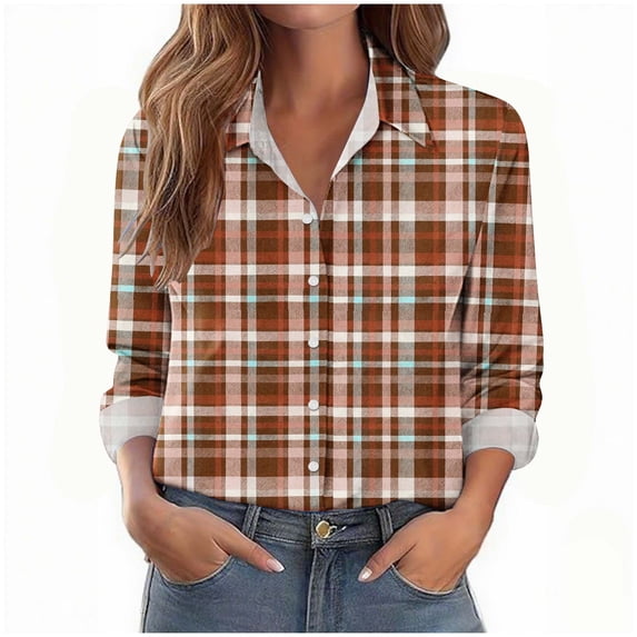 Uootdi Plaid Long Sleeve Shirts for Women Collared Button Down Dressy Rolled Up Blouse Business Casual Work Tops Gift