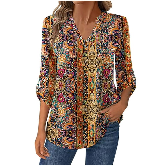 Uootdi Plaid Print Long Sleeve Shirts for Women V Neck Polka Dot T-Shirts Gift Casual Loose Fit Color Block Classic Fall Tunic