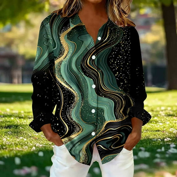 Uootdi Plaid Striped Floral Long Sleeve Shirts for Women V-Neck Button Down Boho Tops for Women Dressy Versatile Classic Loose Fit Tops Gift