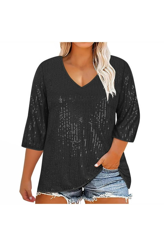 Plus Gift Size Sequin Clothes for Women Glitter Sparkly V Neck Tops for Women 3/4 Sleeve Shirts Evening Cocktail Sequin Blo