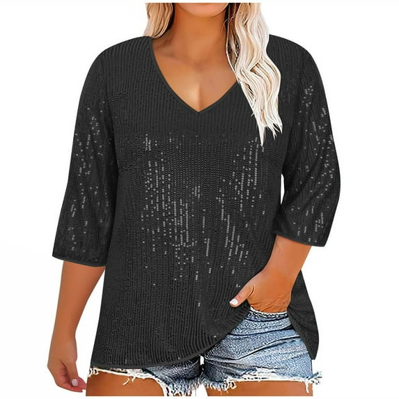 Uootdi Plus Gift Size Sequin Clothes for Women Glitter Sparkly V Neck Tops for Women 3/4 Sleeve Shirts Evening Cocktail Sequin Blo