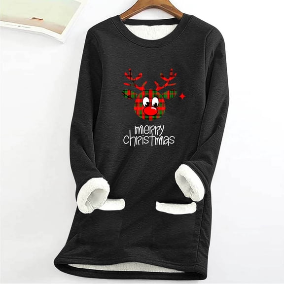 Uootdi Plus Size Christmas Sherpa Gift Lined Long Sleeve Sweatshirts for Women Crew Neck Christmas Ptrint Shirts Warm Fleece Top s