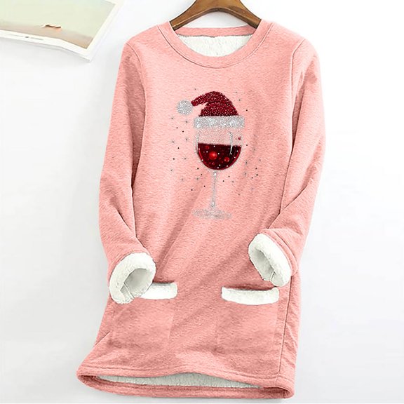 Uootdi Plus Size Christmas Sherpa Lined Long Sleeve Sweatshirts for Women Gift Crew Neck Christmas Ptrint Shirts Warm Fleece Top s