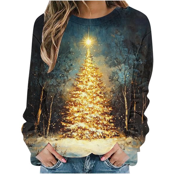 Uootdi Plus Size Christmas Womens Gift Long Sleeve Sweatshirt Funny Xmas Tree Santa Reindeer Snowman 3D Print Graphic Sweatshir ts