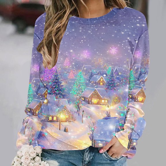 Uootdi Plus Size Christmas Womens Gift Long Sleeve Sweatshirt Funny Xmas Tree Santa Reindeer Snowman 3D Print Graphic Sweatshir ts