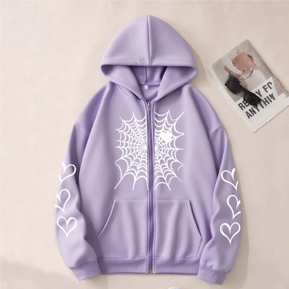 Uootdi Plus Size Clothes for Gift Women Fleece Lined Zip Up Hoodie Y2k Spider Web Graphic Lightweight Hooded Jackets with Pockets