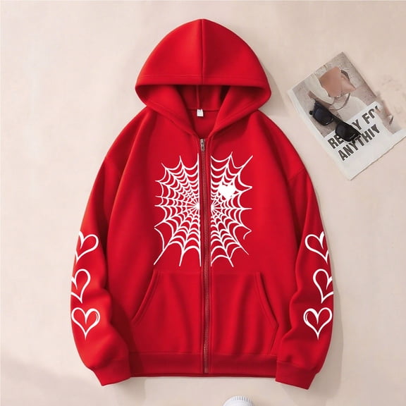 Uootdi Plus Size Clothes for Gift Women Fleece Lined Zip Up Hoodie Y2k Spider Web Graphic Lightweight Hooded Jackets with Pockets