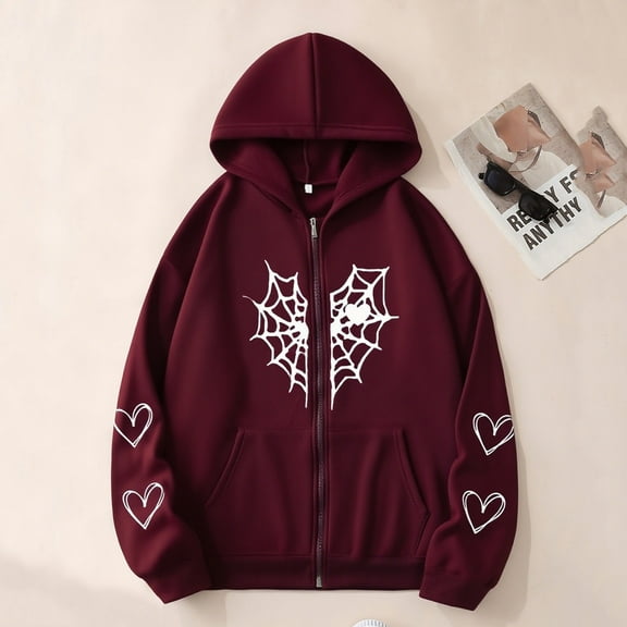 Uootdi Plus Size Clothes for Gift Women Fleece Lined Zip Up Hoodie Y2k Spider Web Graphic Lightweight Hooded Jackets with Pockets