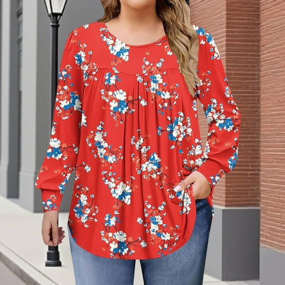 Uootdi Plus Size Clothes for Women Fall Long Sleeve Shirts Floral Printed Peplum Flowy Gift Pleated Gradient Front Crew NeckCasu al