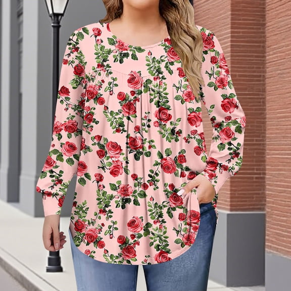 Uootdi Plus Size Clothes for Women Fall Long Sleeve Shirts Floral Printed Peplum Flowy Gift Pleated Gradient Front Crew NeckCasu al