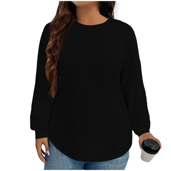 Uootdi Plus Size Clothes for Women Round Neck Long Sleeve Curved Hem Waffle Casual Gift Loose Pullover Solid Color Fall Shirts