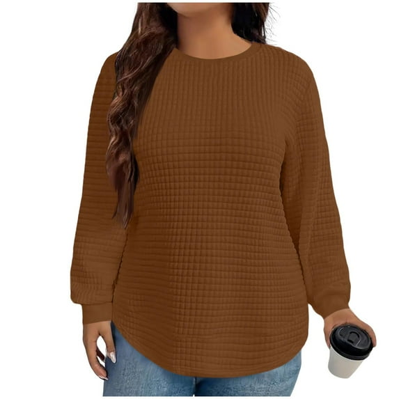Uootdi Plus Size Clothes for Women Round Neck Long Sleeve Curved Hem Waffle Casual Gift Loose Pullover Solid Color Fall Shirts