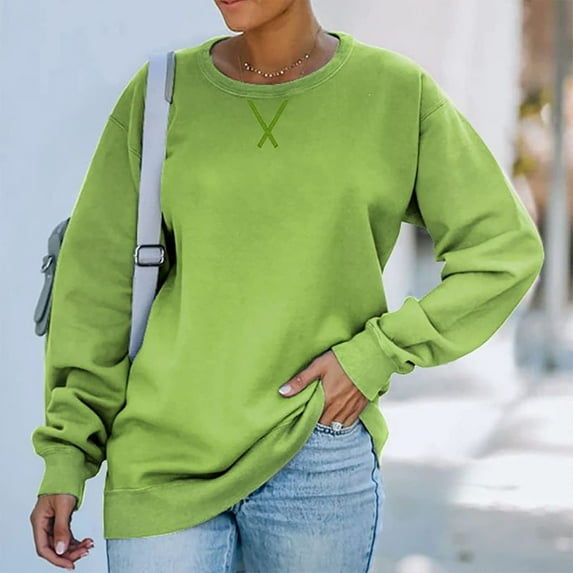 Uootdi Plus Size Clothes for Women Solid Color Crew Neck Long Sleeve Sweatshirt Soft Casual Loose Fit Pullover Tops Gift
