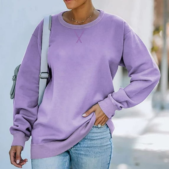 Uootdi Plus Size Clothes for Women Solid Color Crew Neck Long Sleeve Sweatshirt Soft Casual Loose Fit Pullover Tops Gift