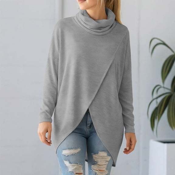Uootdi Plus Size Clothes for Women Turtleneck Tunic Tops Oversized Split Asymmetrical Hem Long Sleeve Shirts Casual Loose Pullover Blouses Gift