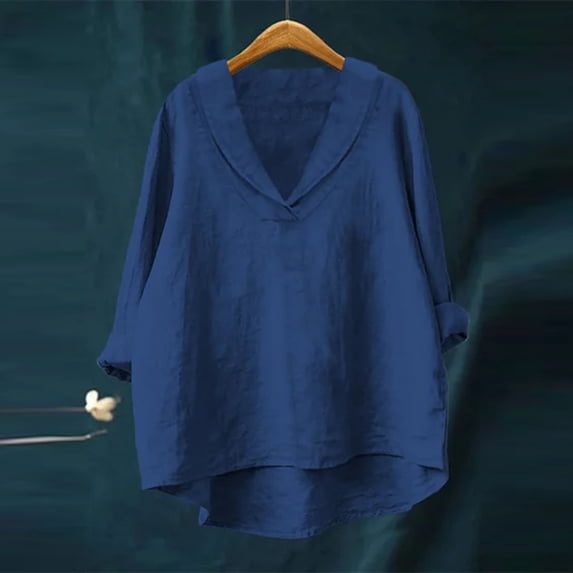 Uootdi Plus Size Linen Long Sleeve Shirts Gift for Women Crewneck 3/4 Sleeve Tops Casual Comfy Solid Color Blouses