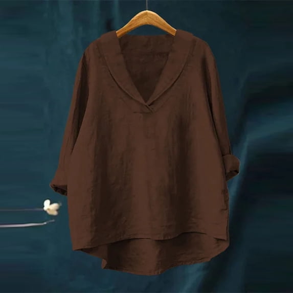 Uootdi Plus Size Linen Long Sleeve Shirts Gift for Women Crewneck 3/4 Sleeve Tops Casual Comfy Solid Color Blouses